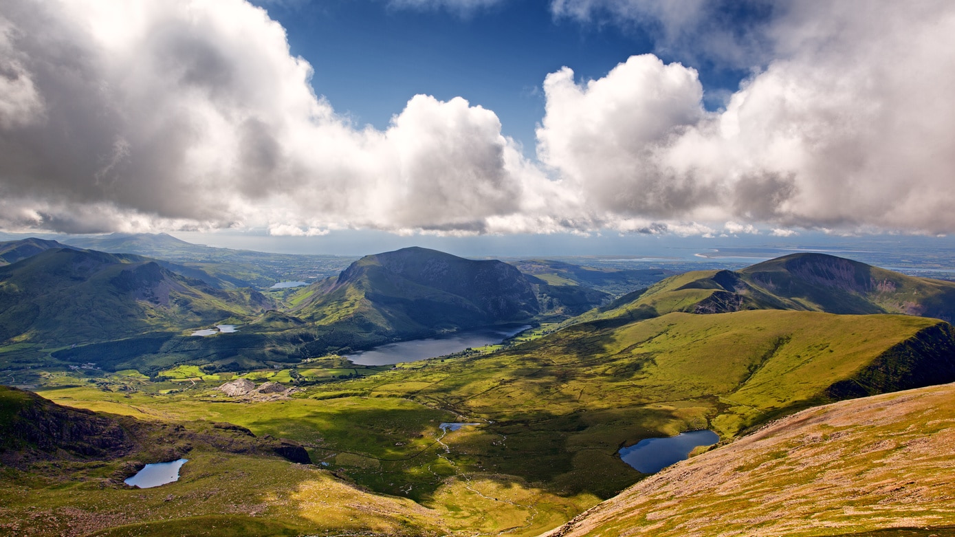 The mountains and lakes of Snowdonia, looking from Mount Snowdon from the Llanberis Pass