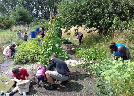 community volunteers and children working in Welsh House Farm Green Grafters garden