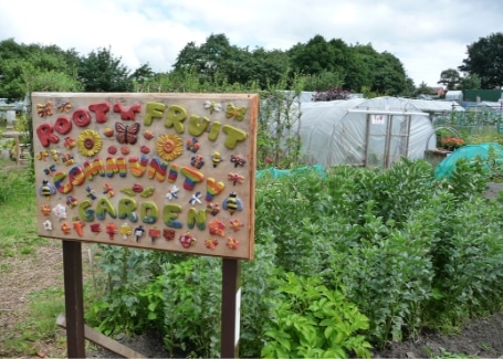 Root 'n' Fruit Community Garden allotment and sign