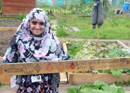 Volunteer working at Root 'n' Fruit using homemade planting guide showing planting intervals