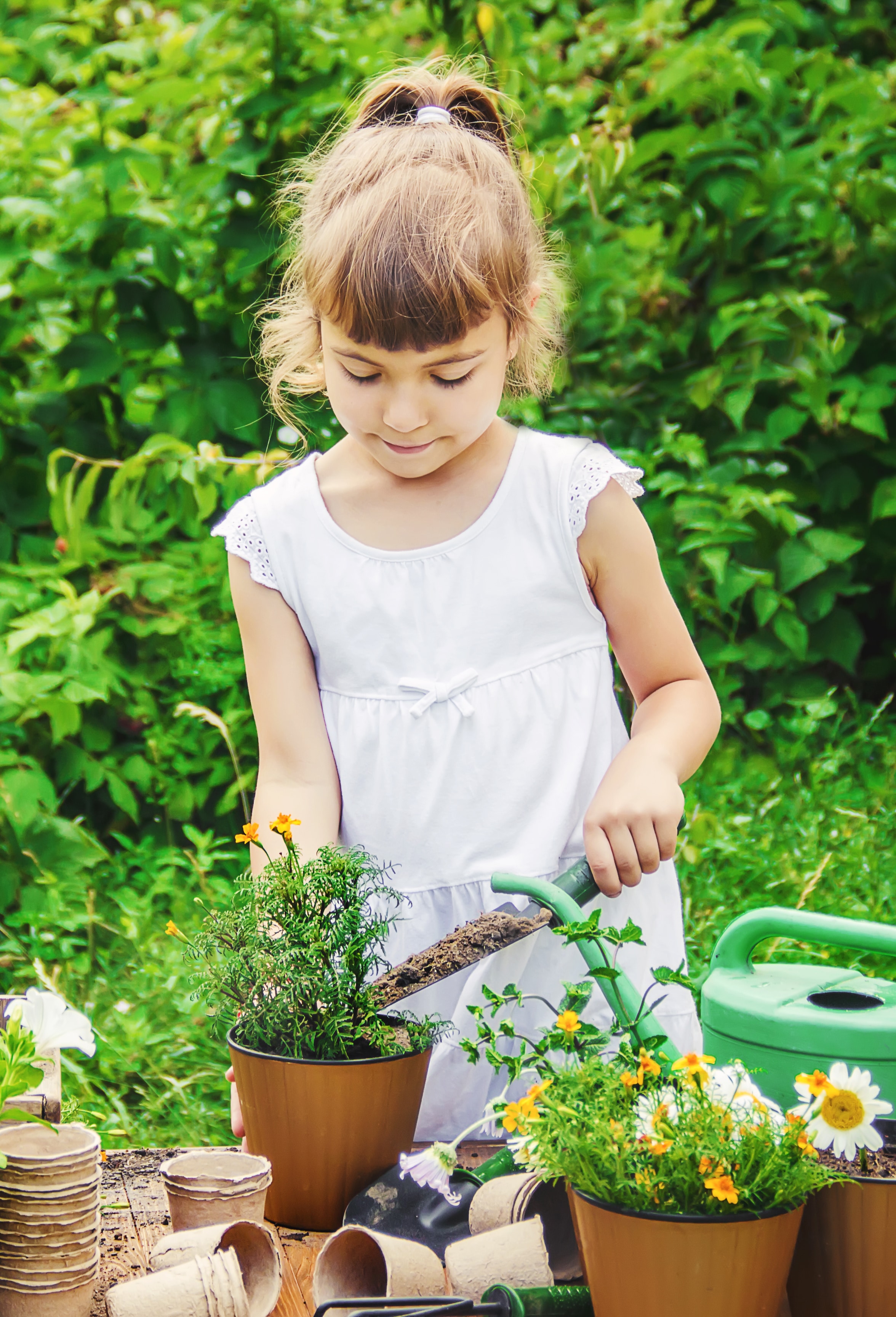 A little girl is planting flowers. The young gardener. Selective focus. nature.