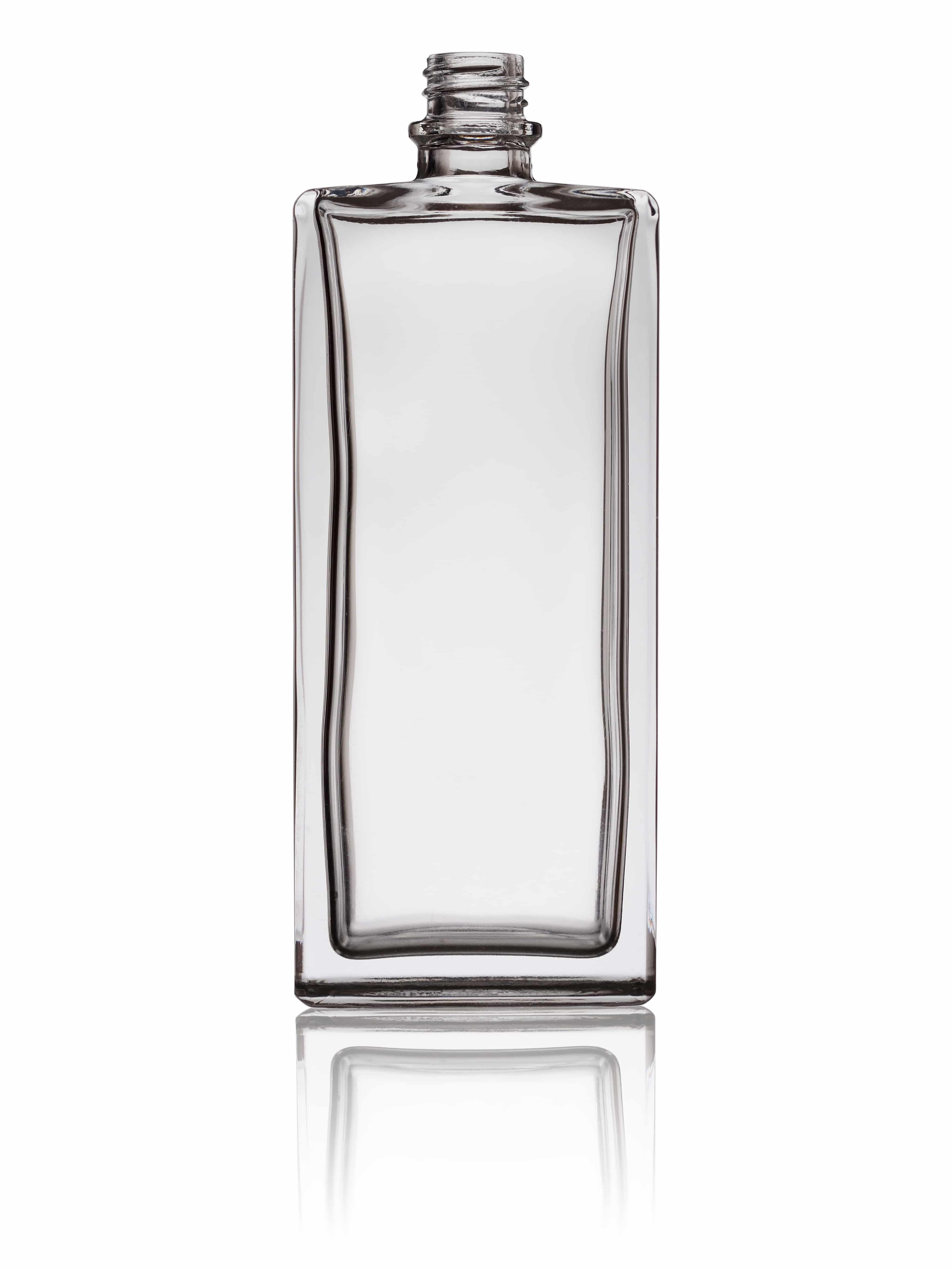 empty glass perfume bottle isolated on a white background with reflection