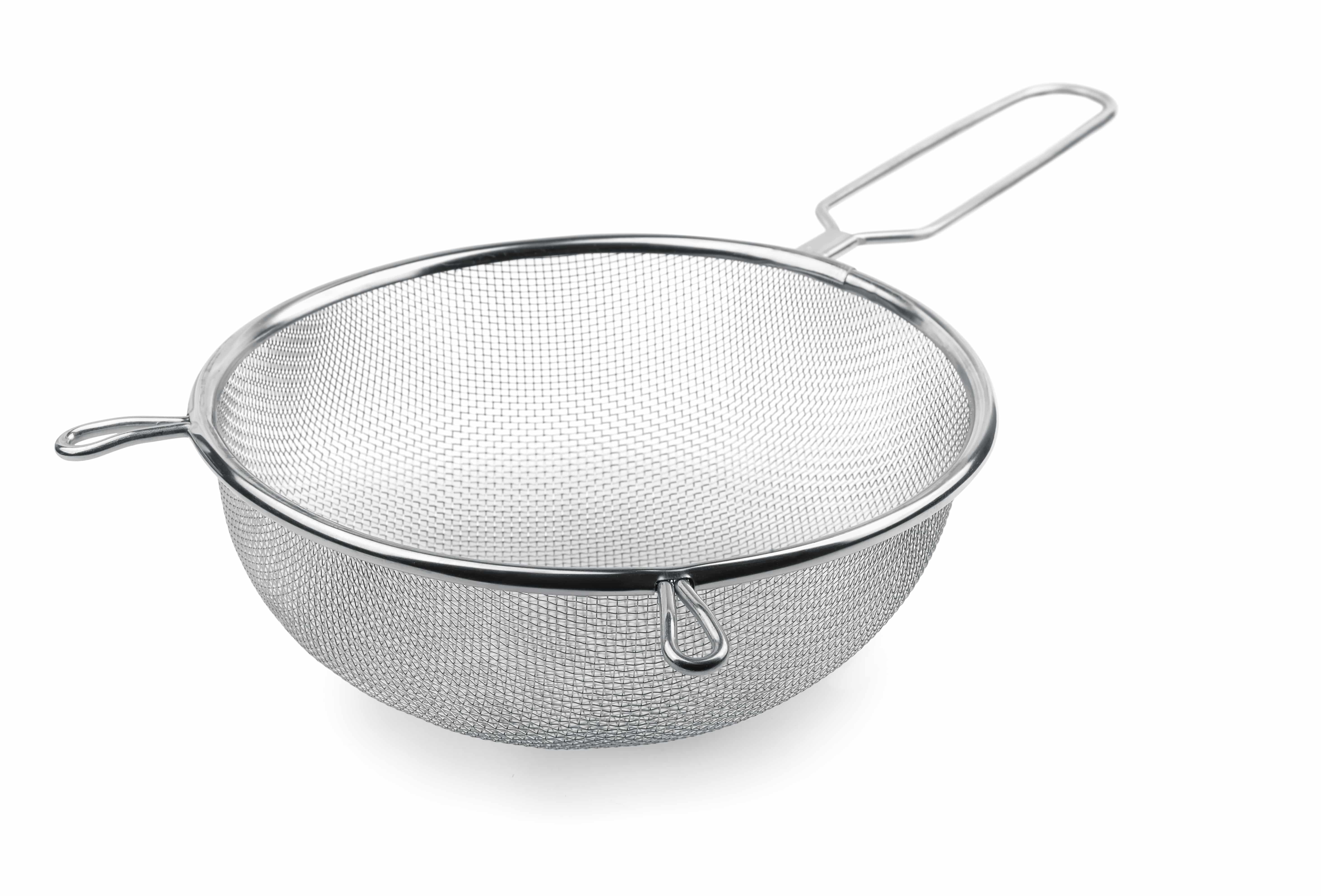 Metal kitchen sieve isolated on white