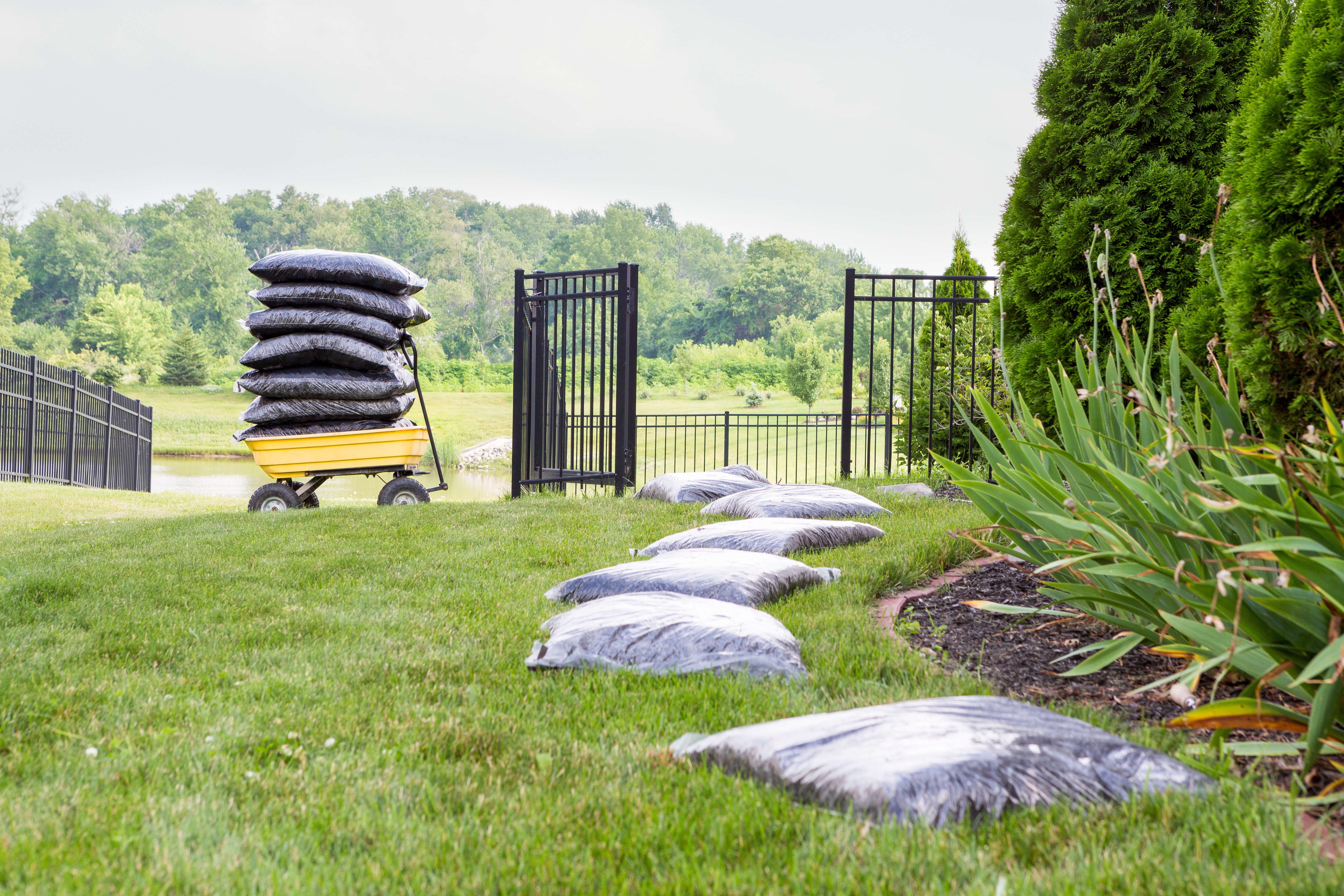 Mulching the garden takes time and effort with bags of mulch laid out on the lawn alongside the flowerbed in a long row waiting to be spread with a cart stacked full of bags in the background