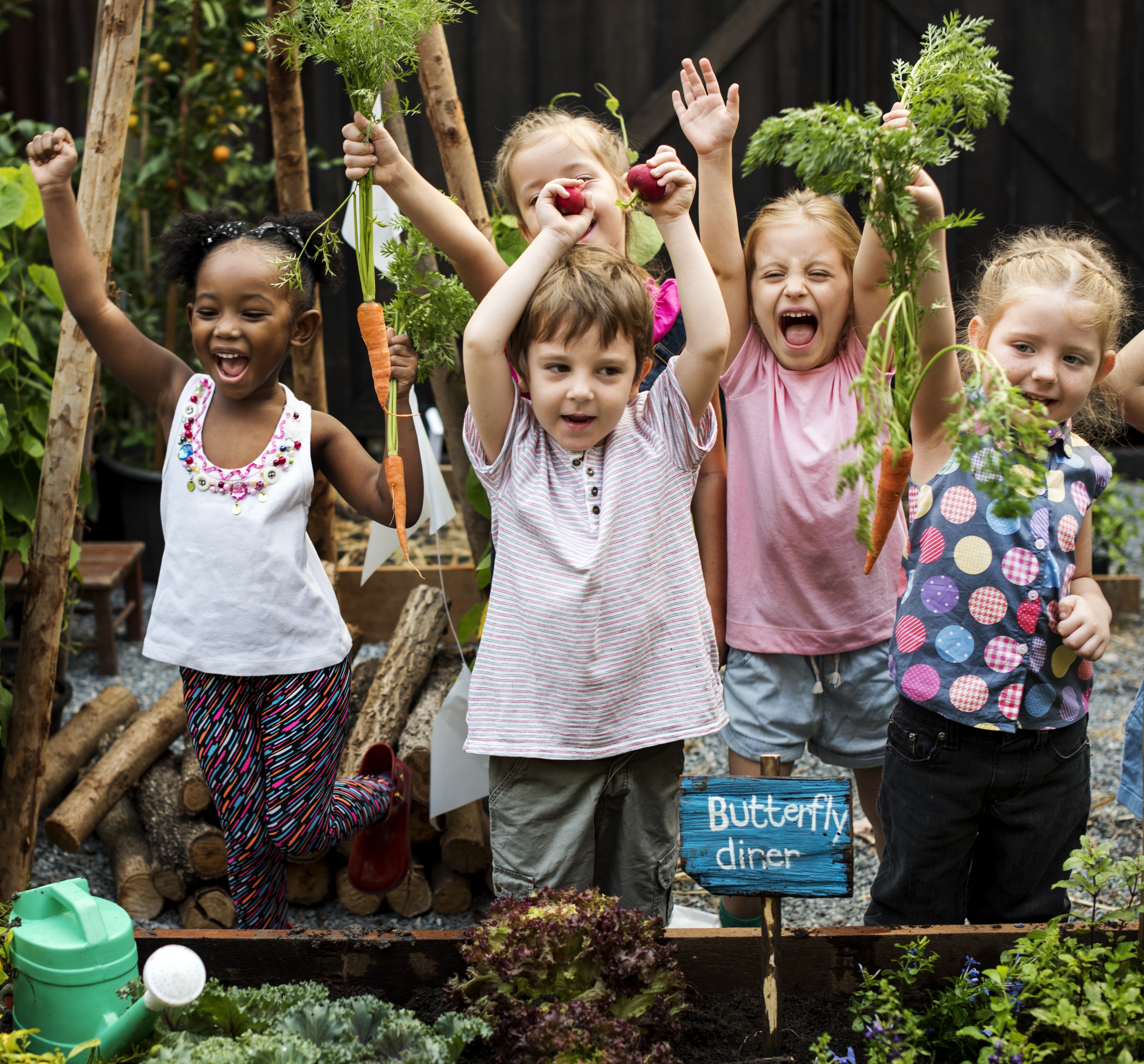 Group of kindergarten kids learning gardening outdoors