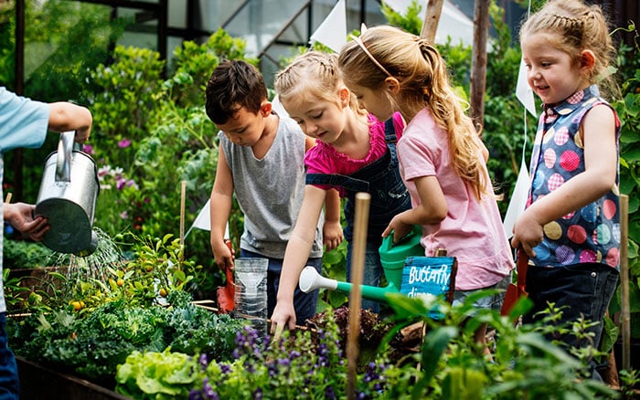 kids gardening in a school or community garden