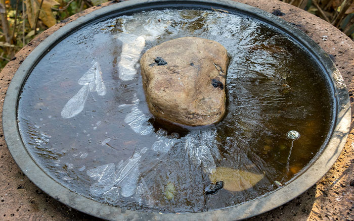 a stone in a frozen birdbath